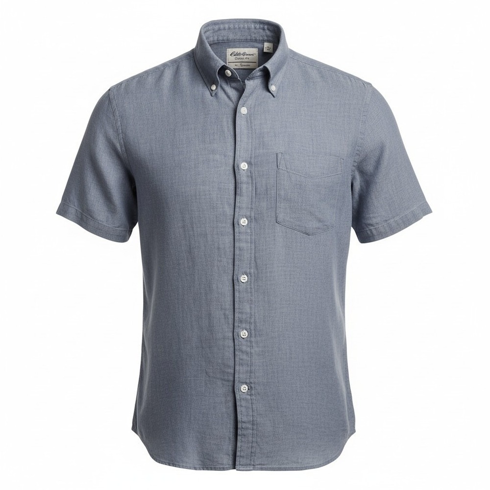Classic Fit Short Sleeve Button Down Cotton Shirt Blue Large Eddie Bauer Mens